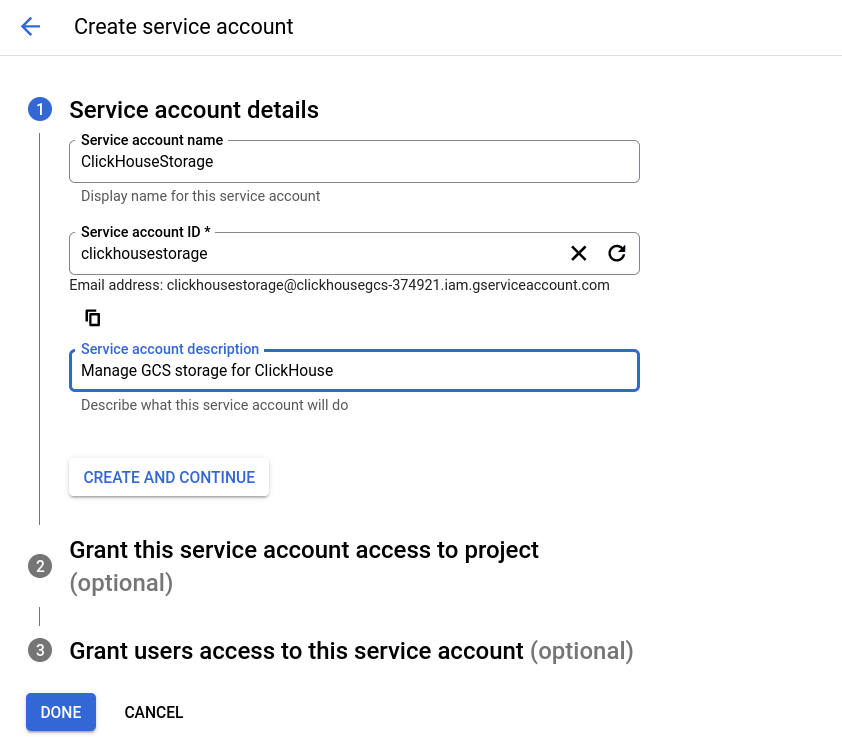 Defining a new service account name and ID in GCS